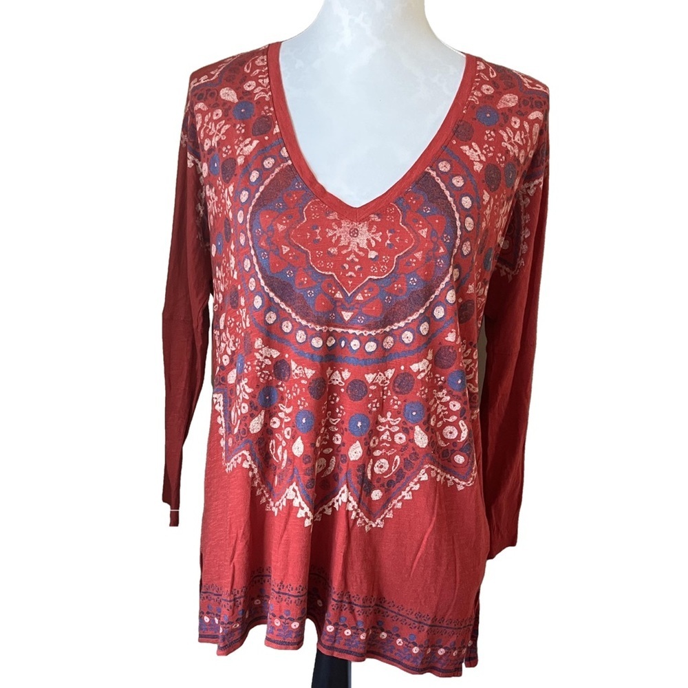 Lucky Brand Boho Mandala Print V-Neck Top Red Long Sleeve | Size Medium